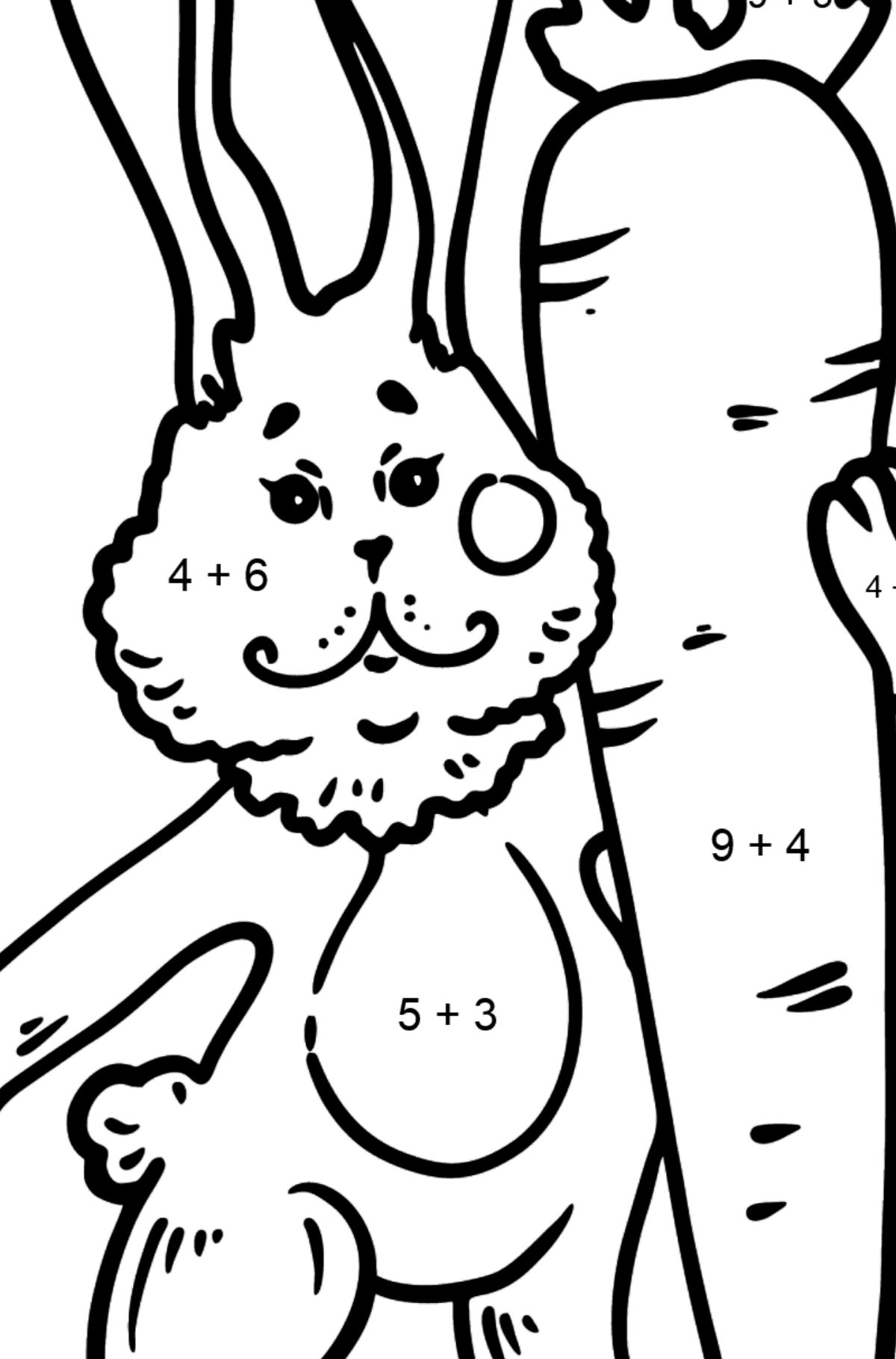 Mewarnai gambar kelinci dengan wortel - Pewarnaan Matematika: Pertambahan untuk anak-anak