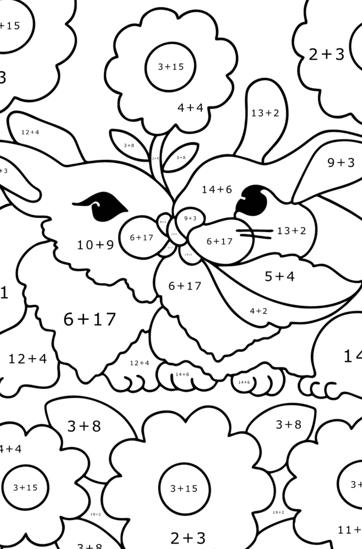 Kleurplaat schattige konijnen - Wiskunde kleurplaten - optellen voor kinderen