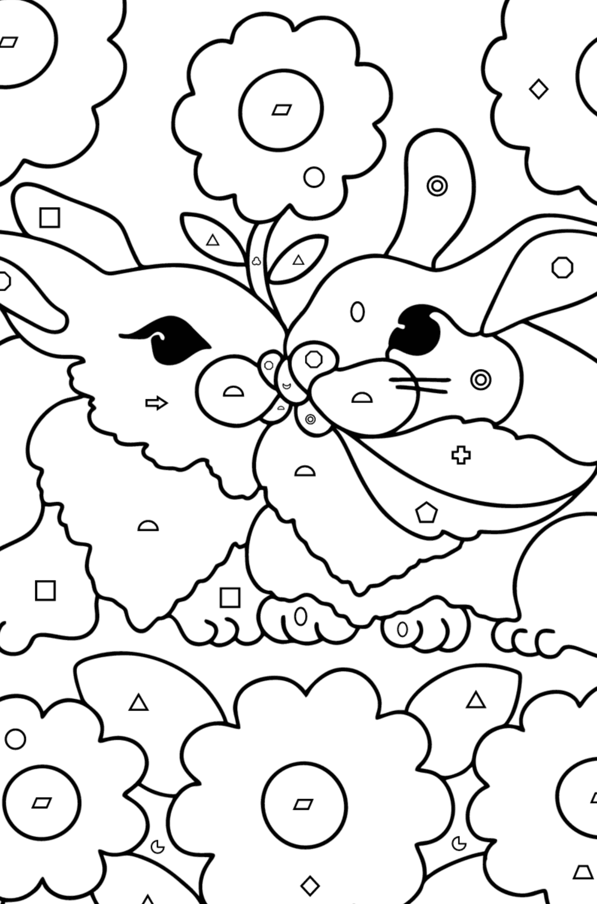 Kleurplaat schattige konijnen - Kleuren met geometrische figuren voor kinderen