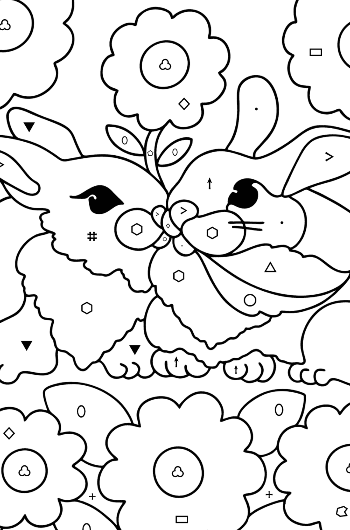 Kleurplaat schattige konijnen - Kleuren op symbolen werkbladen voor kinderen