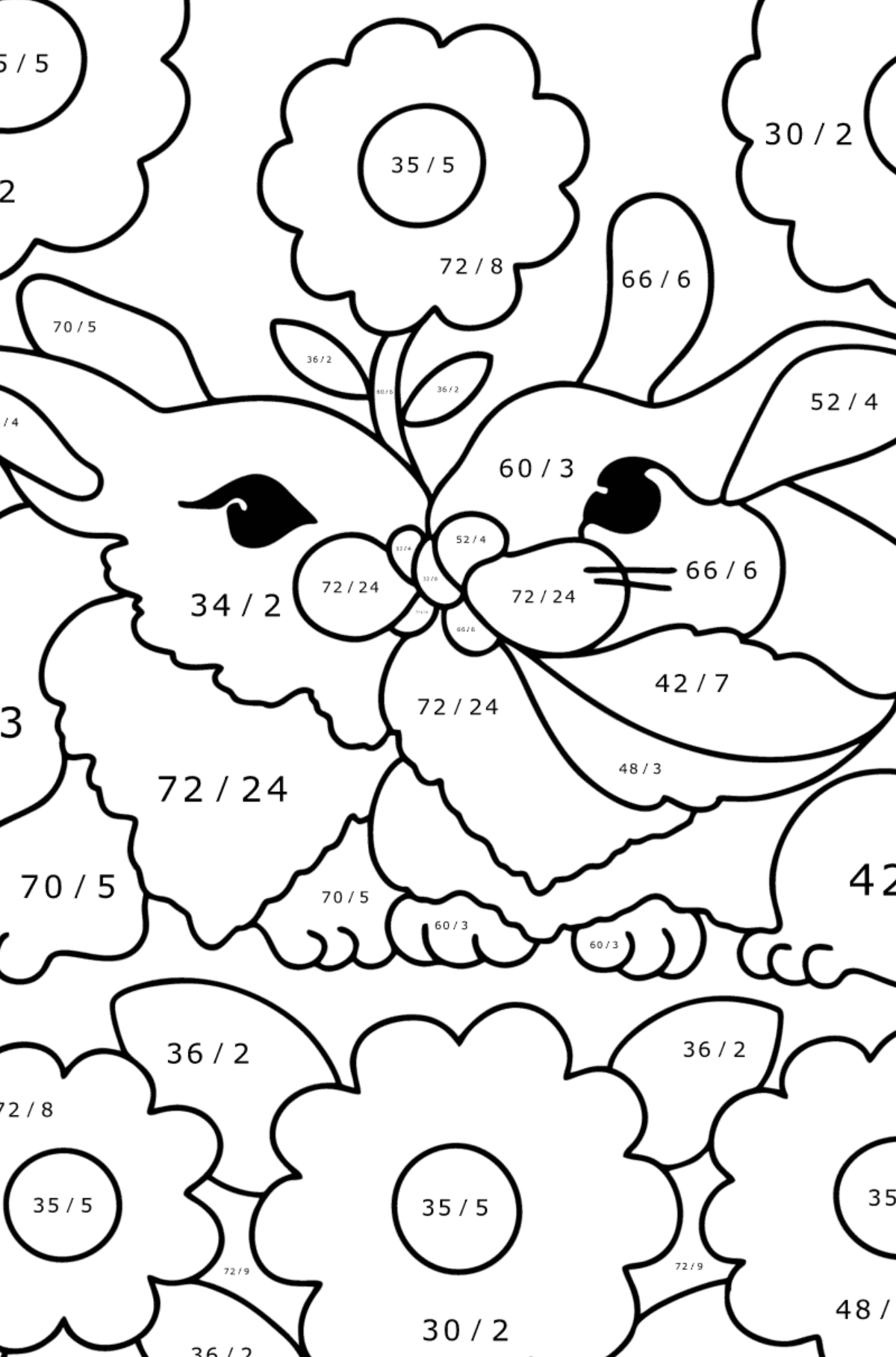 Kleurplaat schattige konijnen - Wiskunde kleurplaten - delen voor kinderen