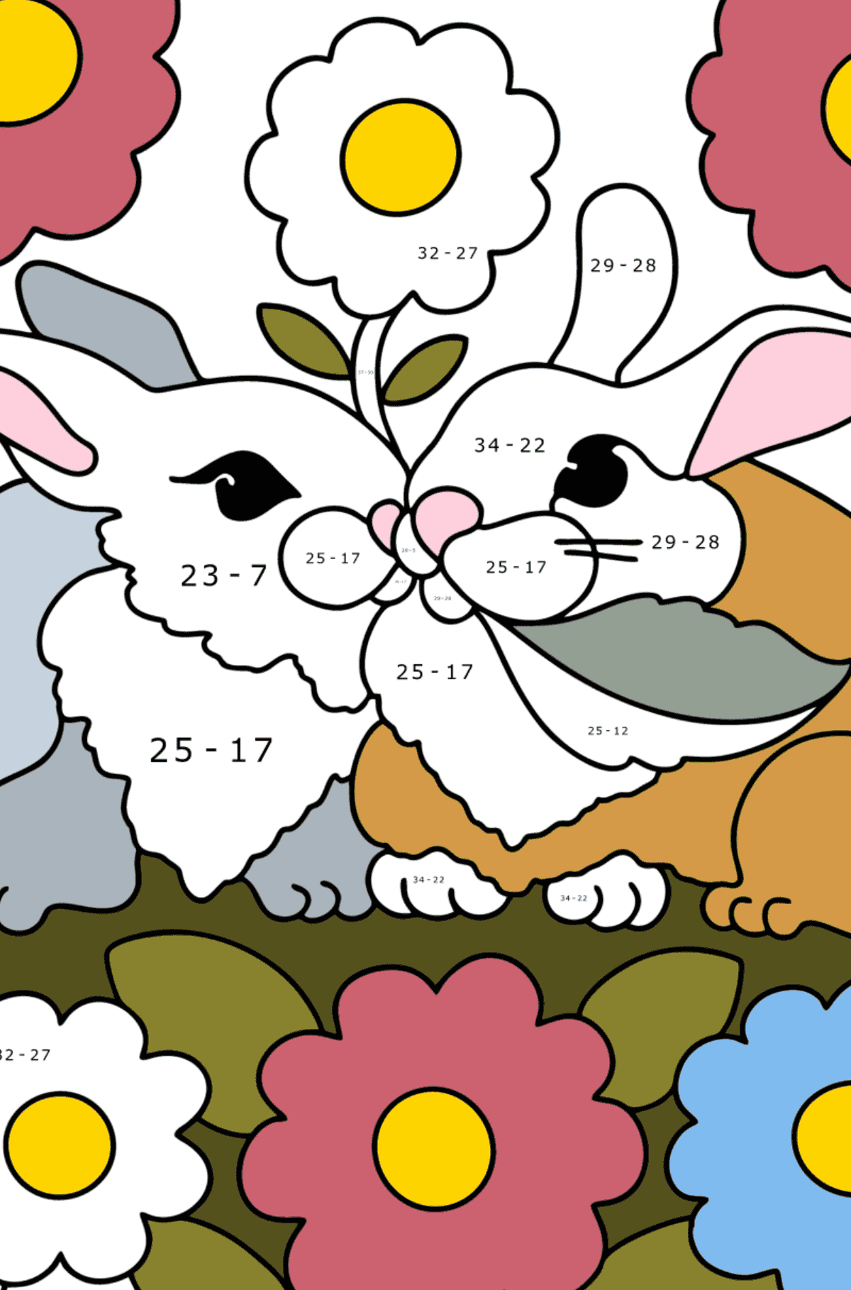 Cute Rabbits Coloring page - Math Coloring - Subtraction for Kids
