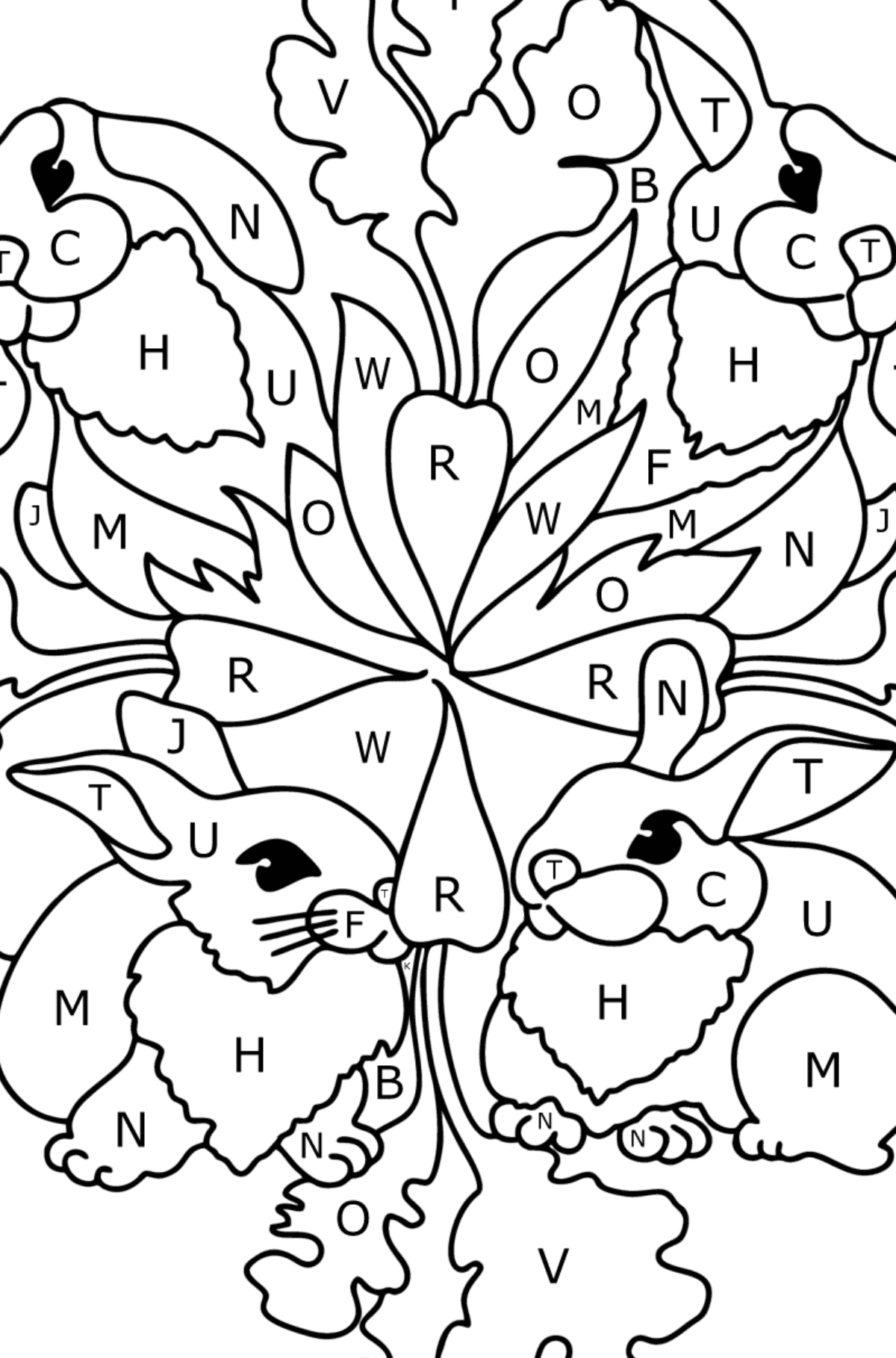 Kleurplaat mandala konijntje - Kleuren met letters voor kinderen