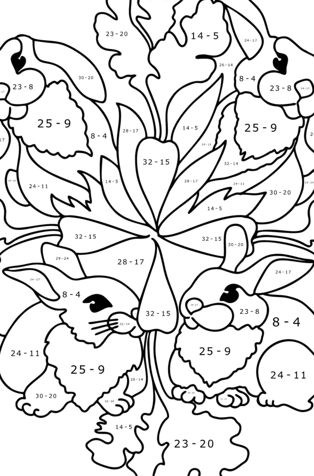 Kleurplaat mandala konijntje - Wiskunde kleurplaten - aftrekken voor kinderen