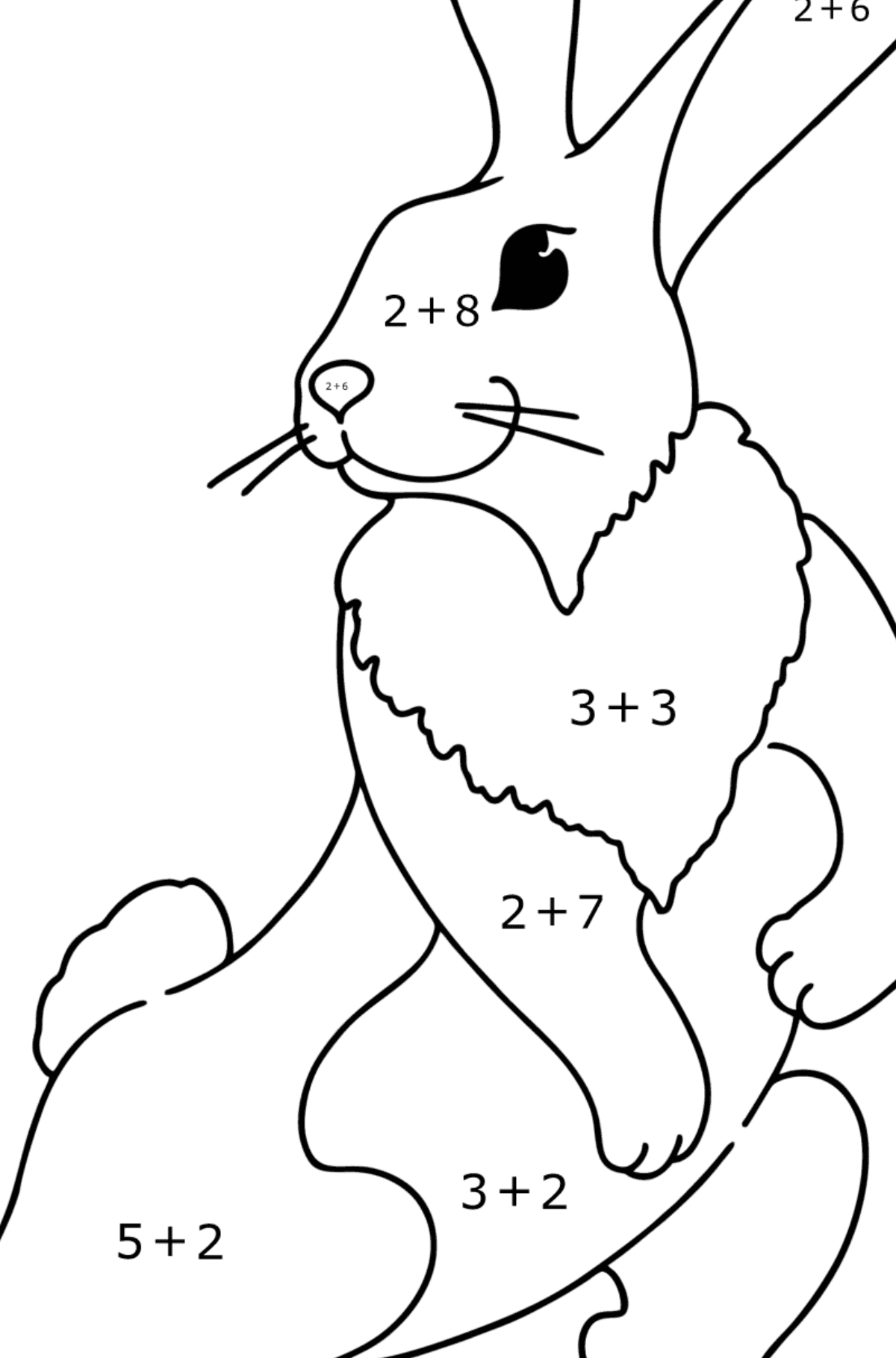 Ausmalbild: Verspielter Hase - Mathe Ausmalbilder - Addition für Kinder