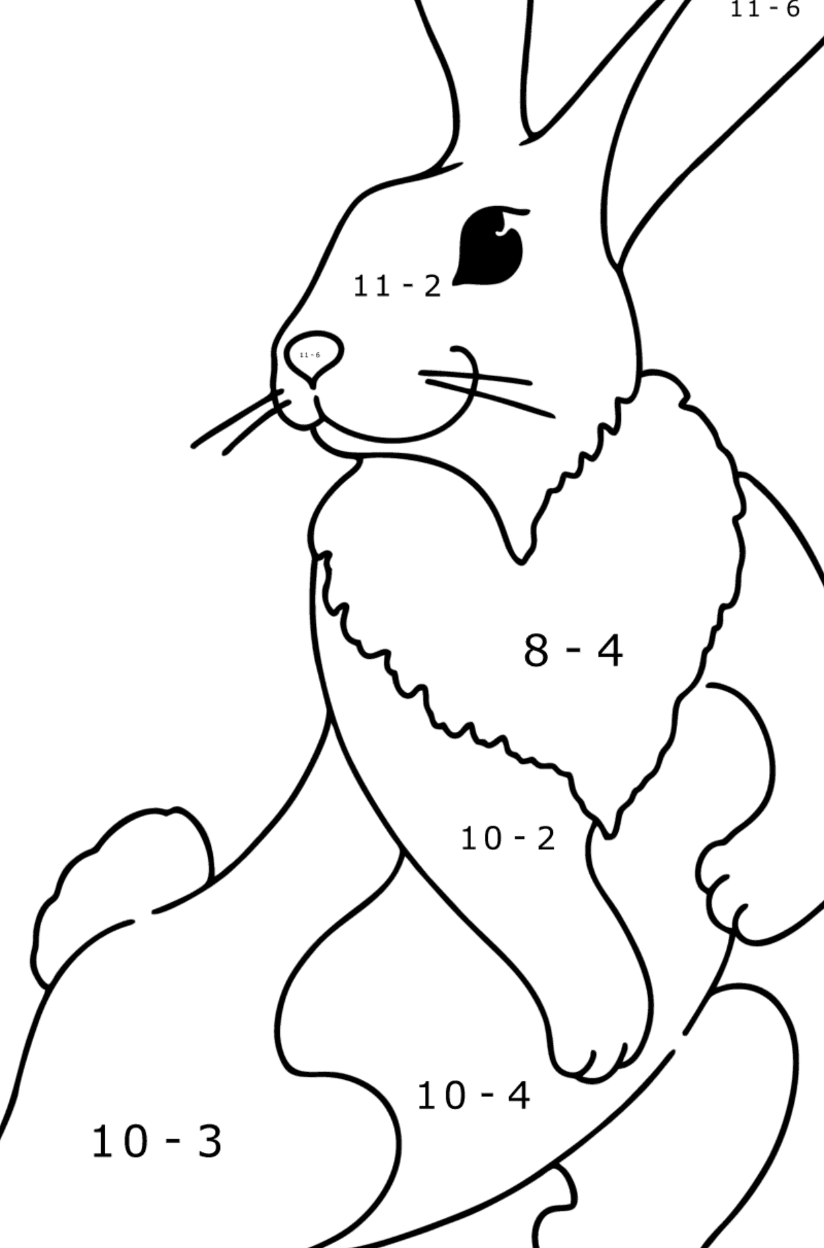 Disegno di Coniglietto giocoso da colorare - Colorazione matematica - Sottrazione per bambini