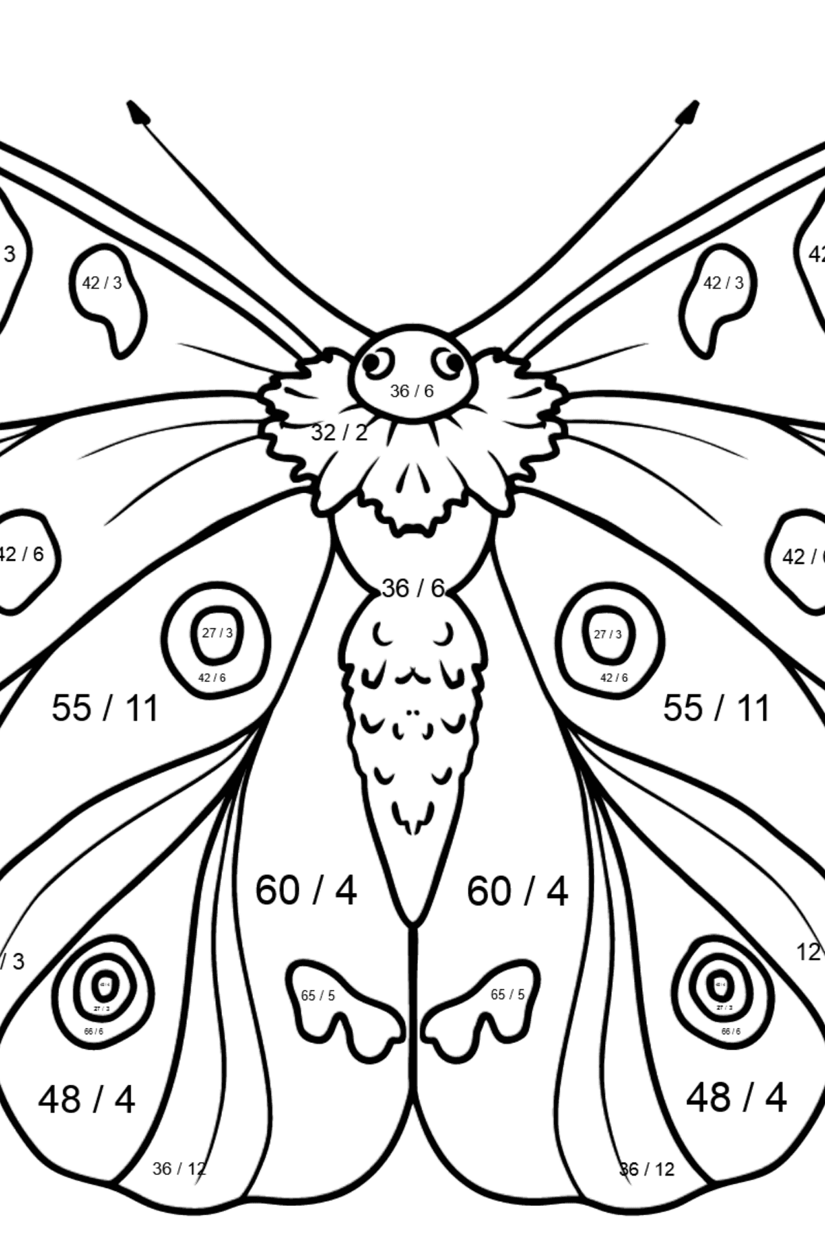 Dibujo de Mariposa Apolo para colorear - Colorear con Matemáticas - Divisiones para Niños