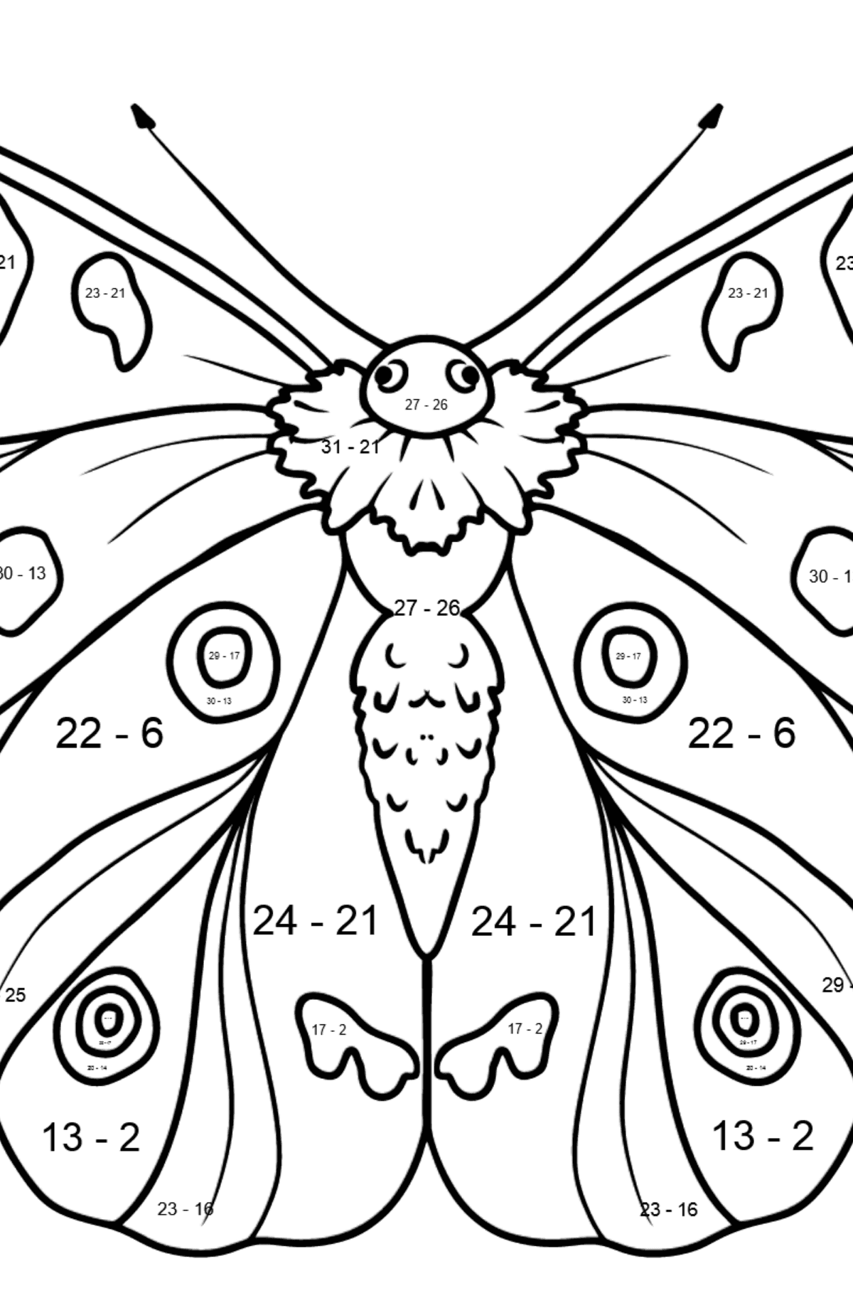 Dibujo de Mariposa Apolo para colorear - Colorear con Matemáticas - Restas para Niños