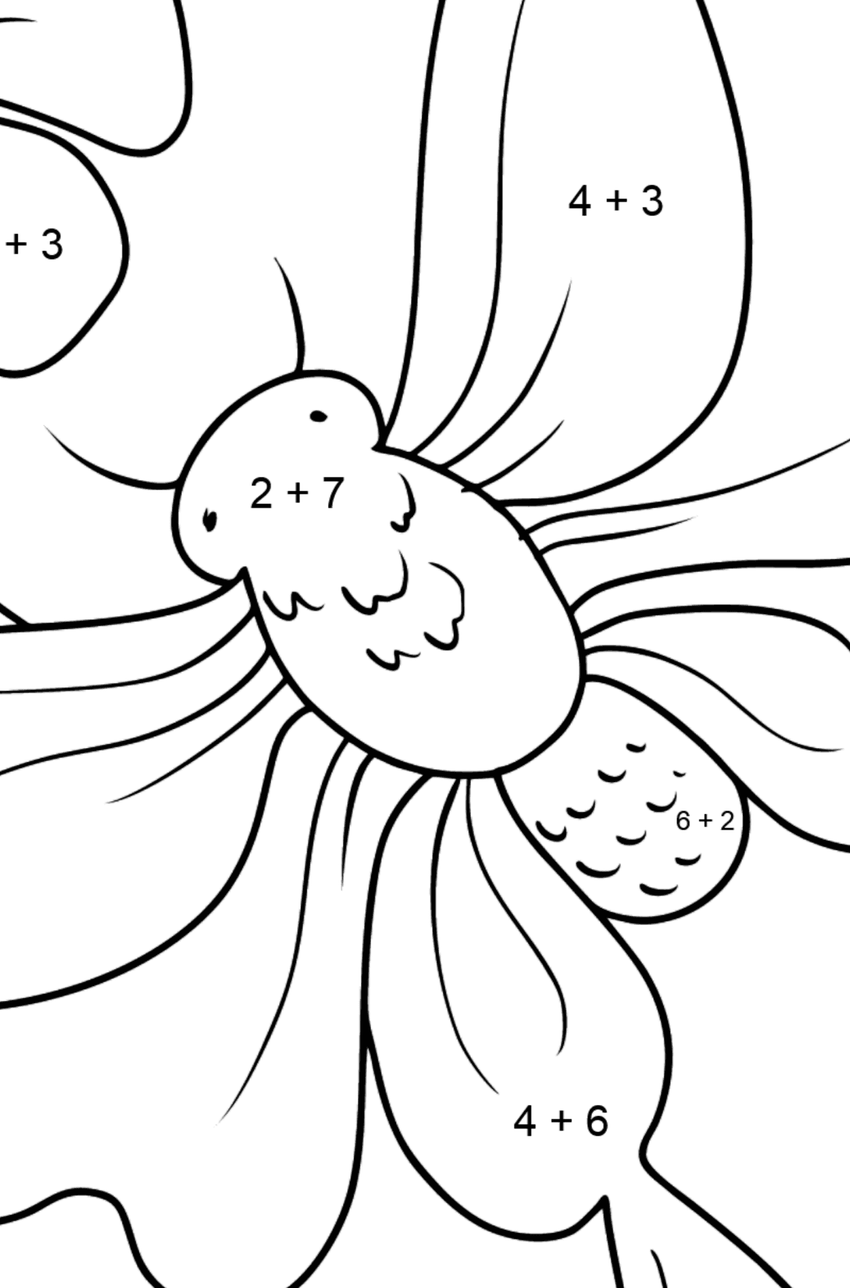 Dibujo de Mariposa sobre una flor para colorear - Colorear con Matemáticas - Sumas para Niños
