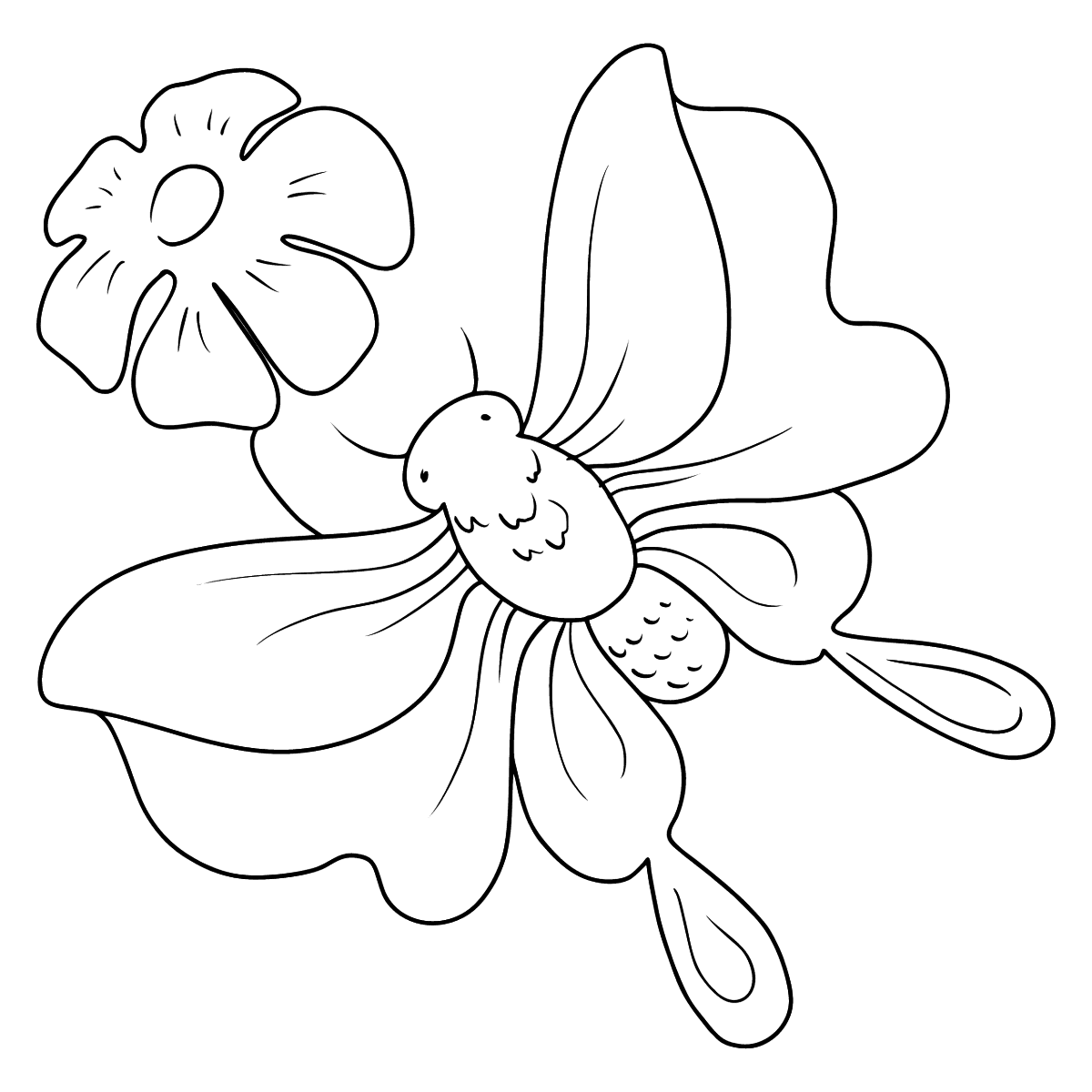 Uma página para colorir de um pônei com uma flor e borboleta