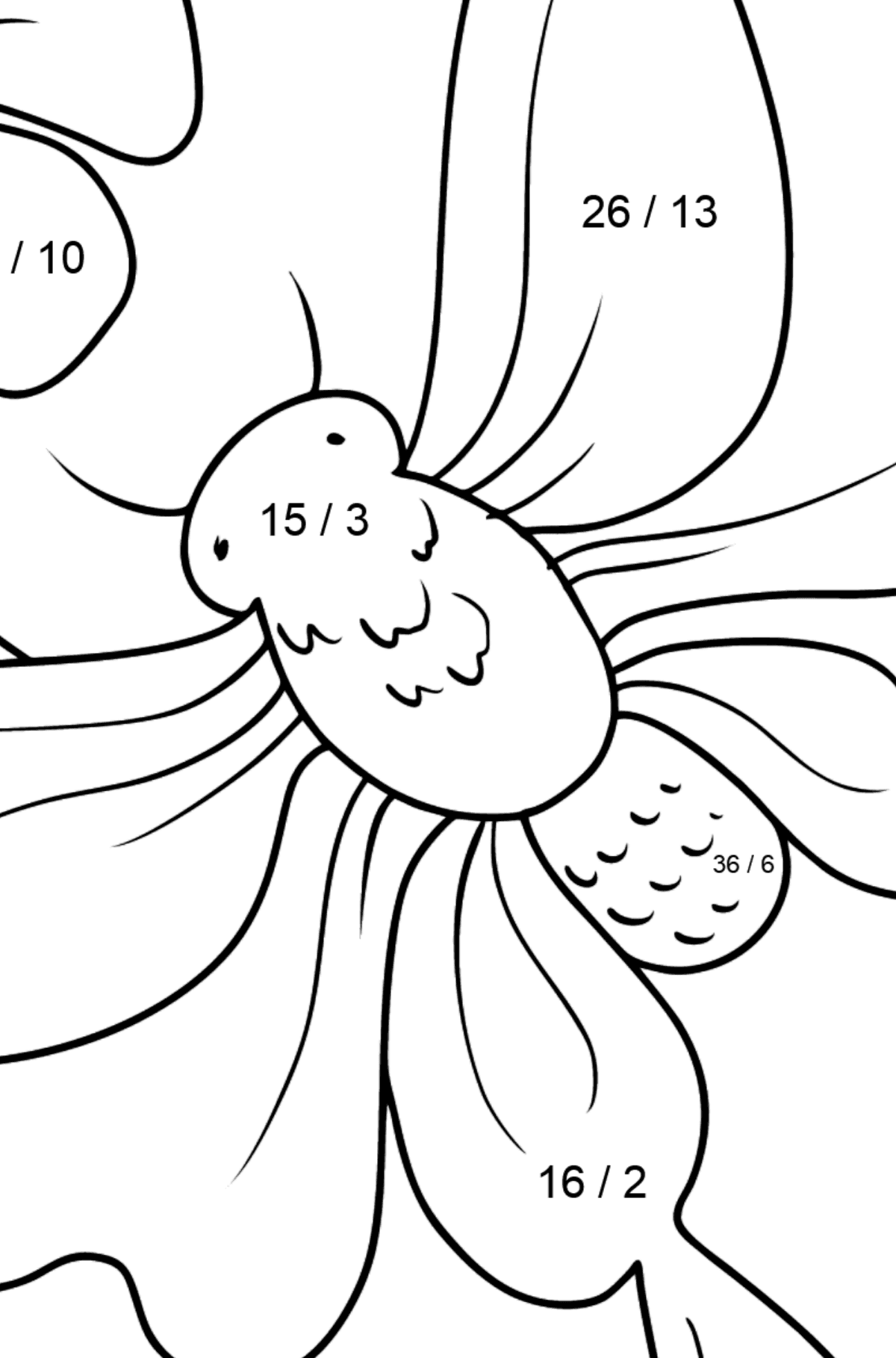 Dibujo de Mariposa sobre una flor para colorear - Colorear con Matemáticas - Divisiones para Niños