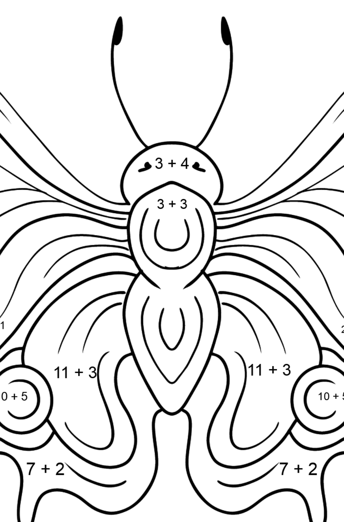 Dibujo de Mariposa pavo real para colorear - Colorear con Matemáticas - Sumas para Niños