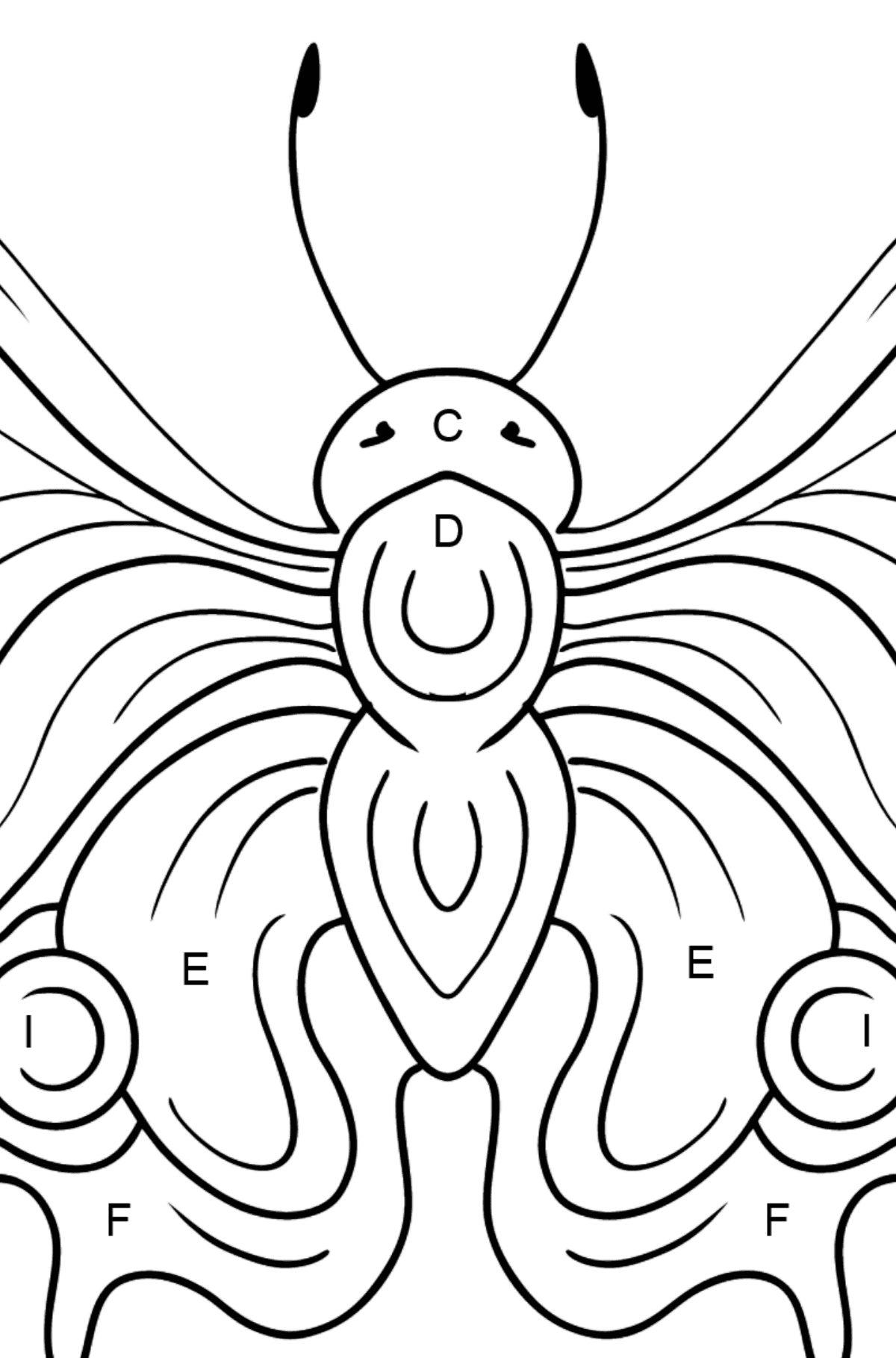 Peacock Butterfly Ausmalbild - Ausmalen nach Buchstaben für Kinder
