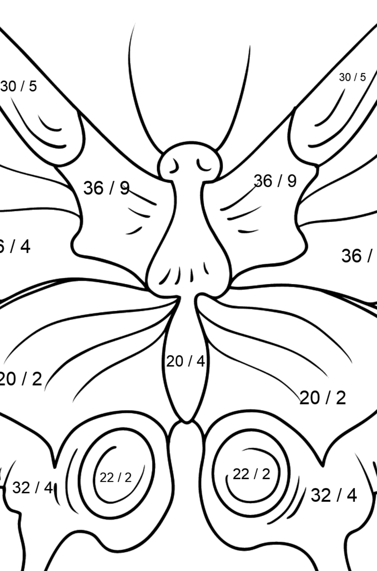 Dibujo de Mariposa cola de golondrina para colorear - Colorear con Matemáticas - Divisiones para Niños