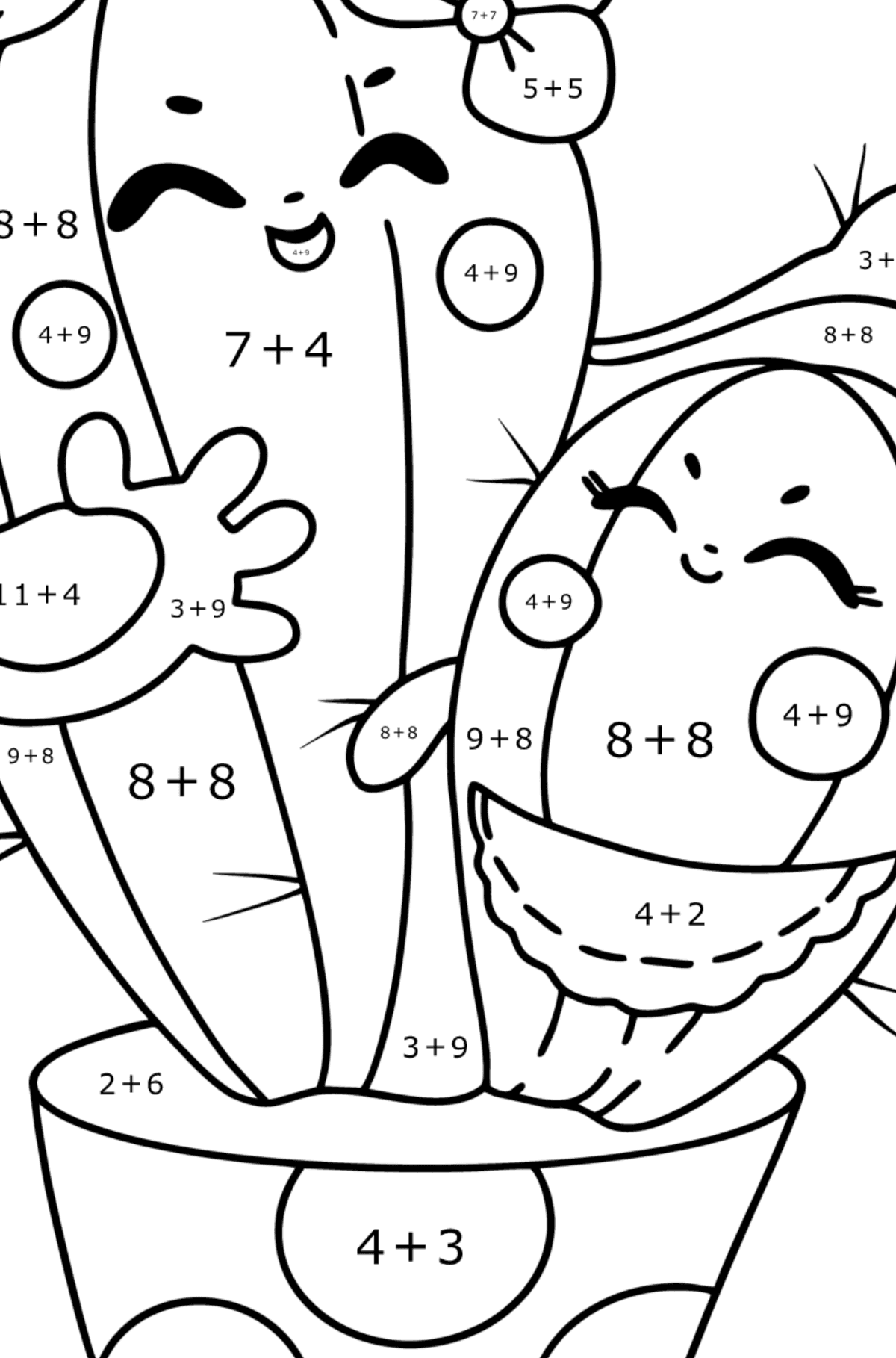 Розмальовка Мультяшні кактуси - Математична Розмальовка Додавання для дітей