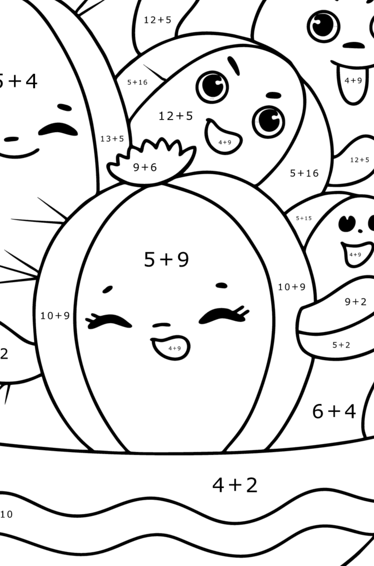 Kawaii Cactus coloring page - Math Coloring - Addition for Kids