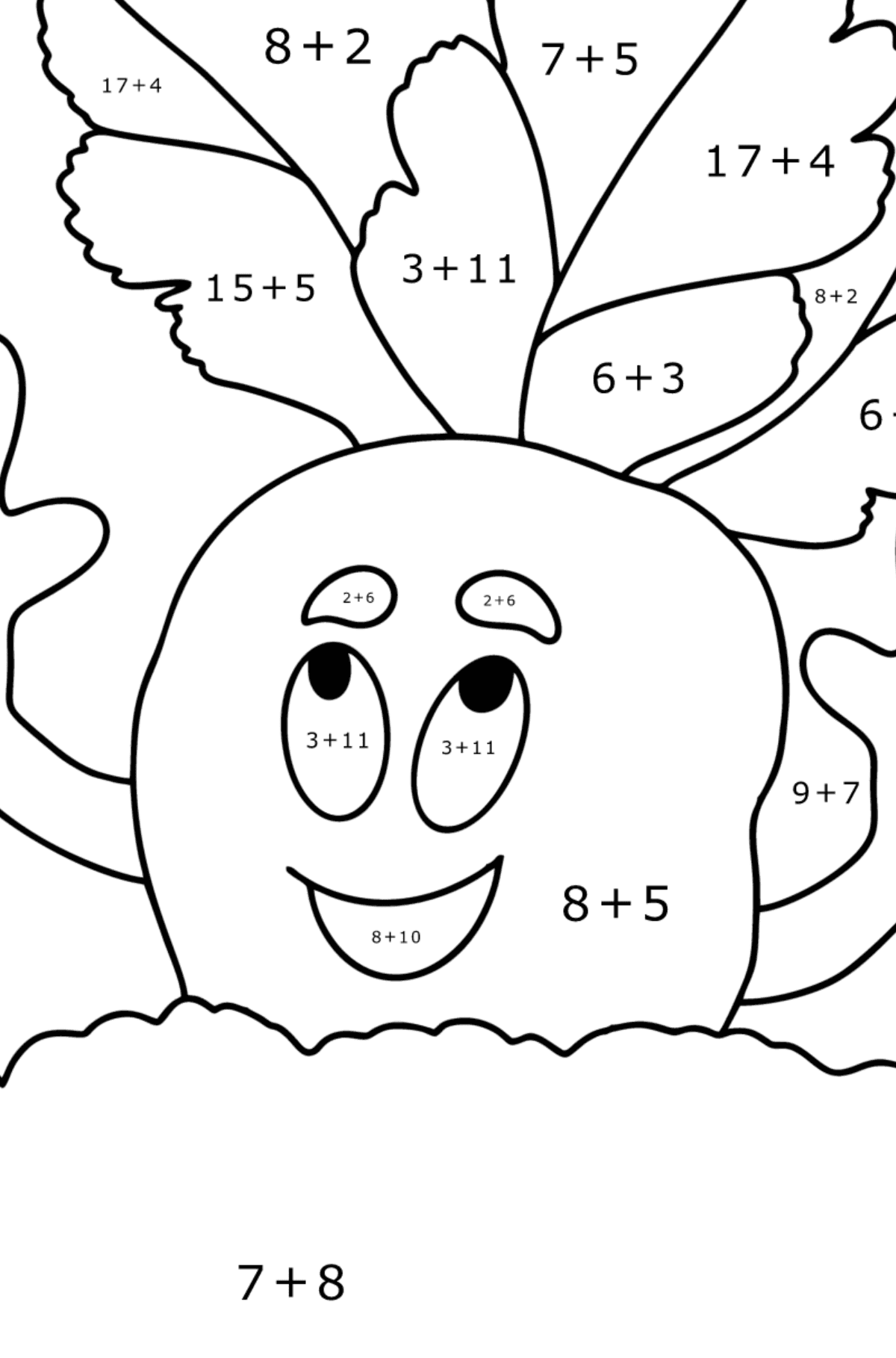 Värityskuva Suloinen porkkana - Matemaattinen Väritys - Yhteenlasku lapsille