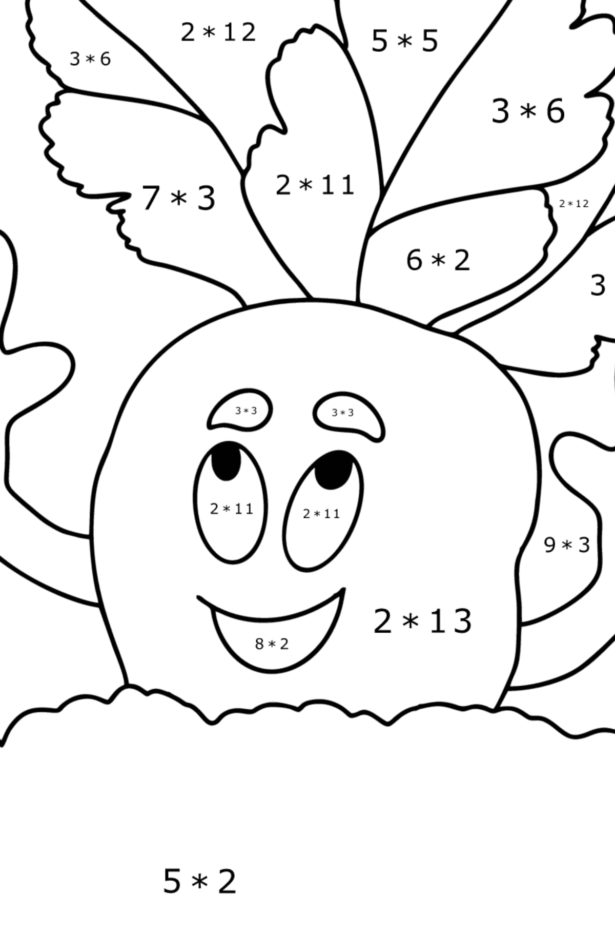 Tegning til fargelegging Søt gulrot - Matematisk fargeleggingsside - multiplisering for barn