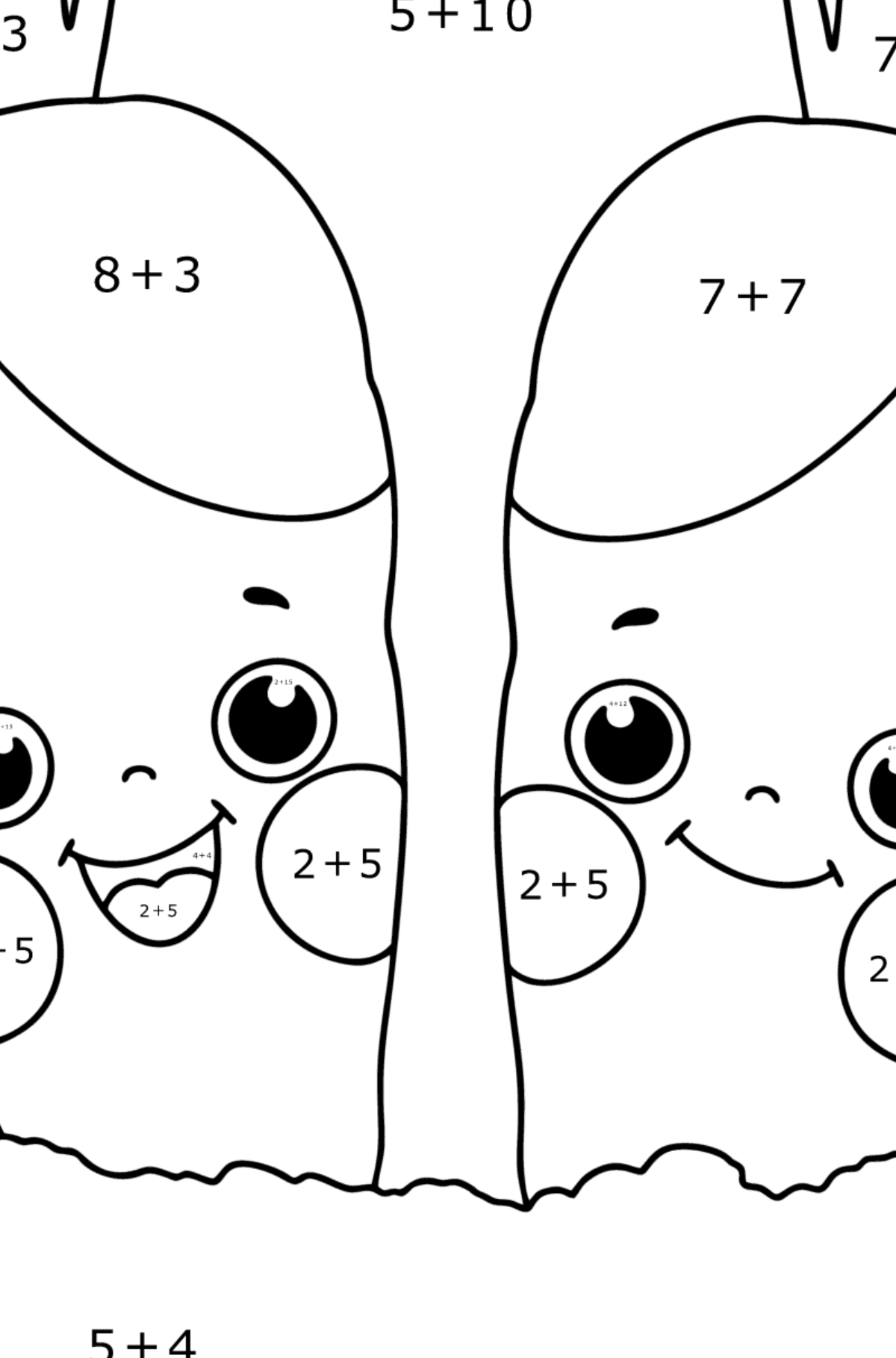 Värityskuva Kawaii Porkkanat - Matemaattinen Väritys - Yhteenlasku lapsille