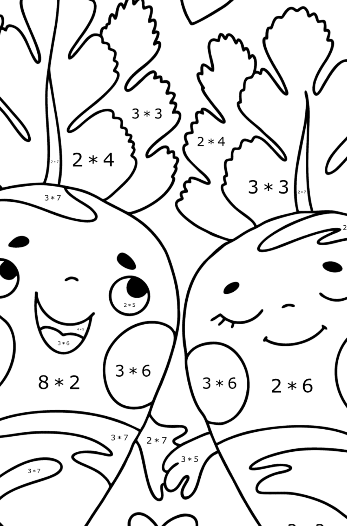Carrots in love сolouring page - Math Coloring - Multiplication for Kids