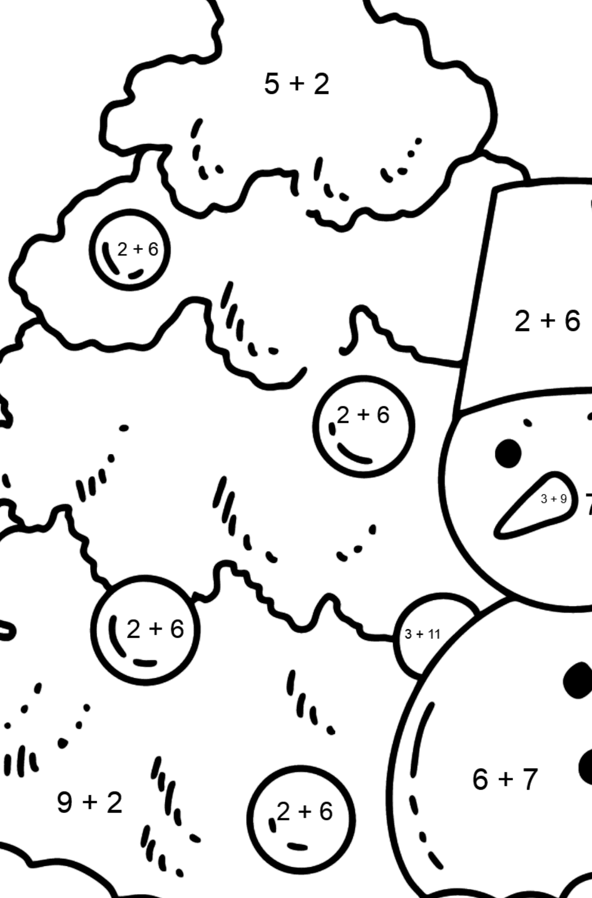 Coloriage - Arbre de Noël et bonhomme de neige - Coloriage Magique Addition pour les Enfants