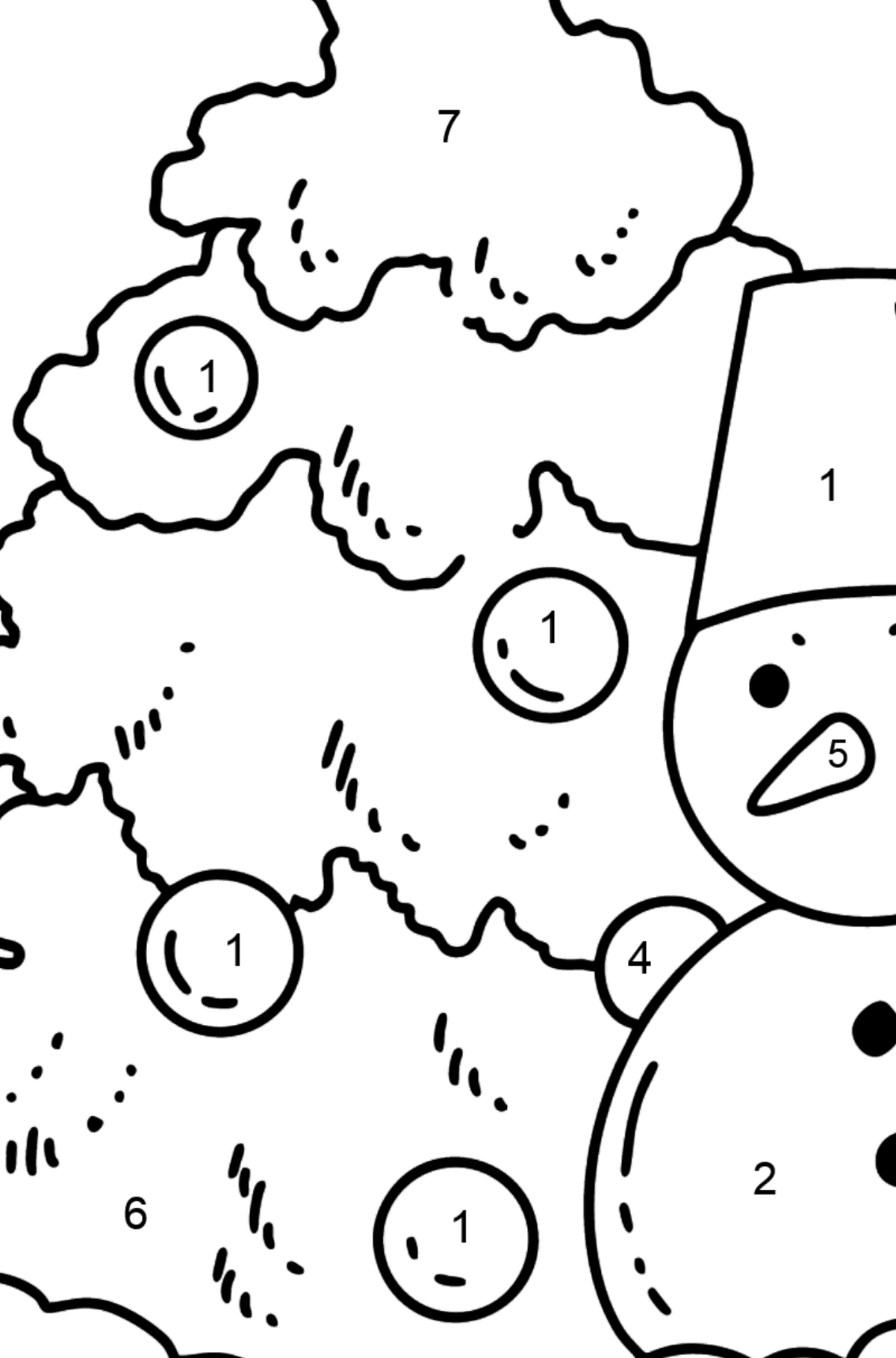 Desen de colorat pom de crăciun și om de zăpadă - Desen de colorat după Număr pentru copii