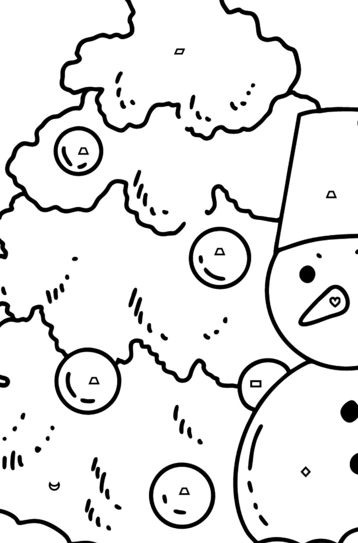 Kleurplaat kerstboom en sneeuwpop - Kleuren met geometrische figuren voor kinderen