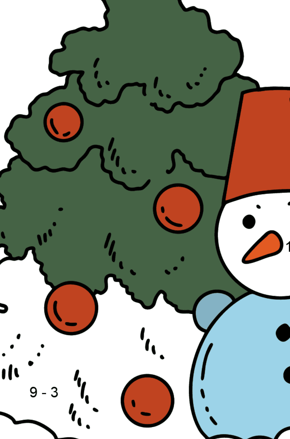 Dibujo de Árbol de Navidad y muñeco de nieve para colorear - Colorear con Matemáticas - Restas para Niños