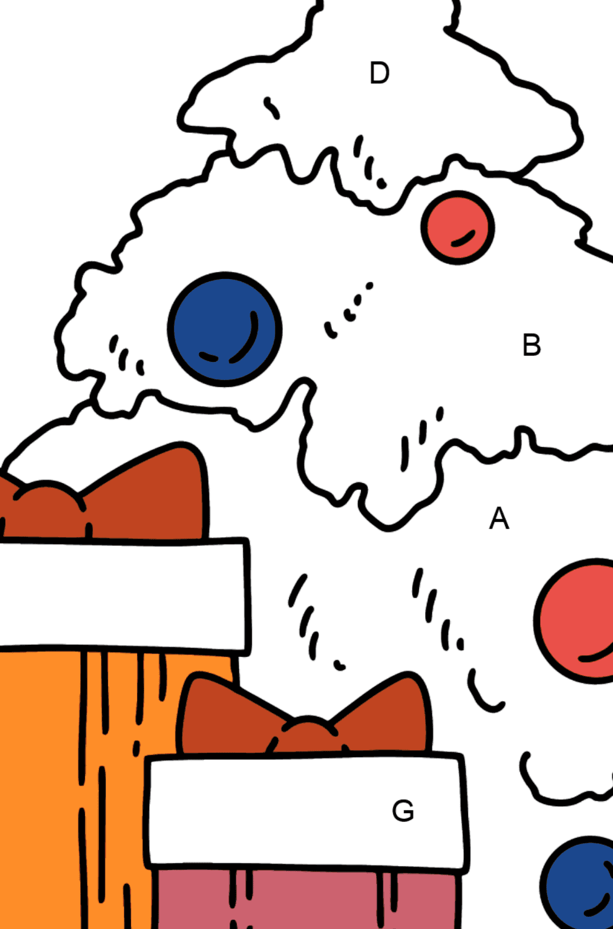 Ausmalbild Geschenke unter dem Weihnachtsbaum - Ausmalen nach Buchstaben für Kinder