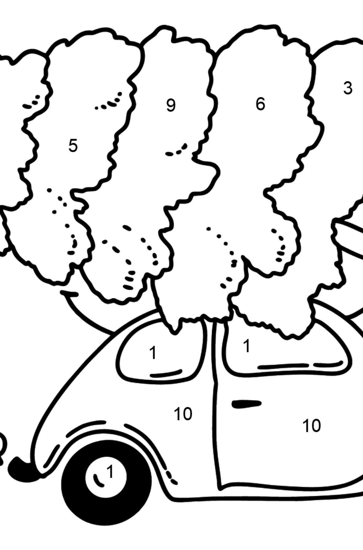 Desen de colorat pomul de crăciun în mașină - Desen de colorat după Număr pentru copii