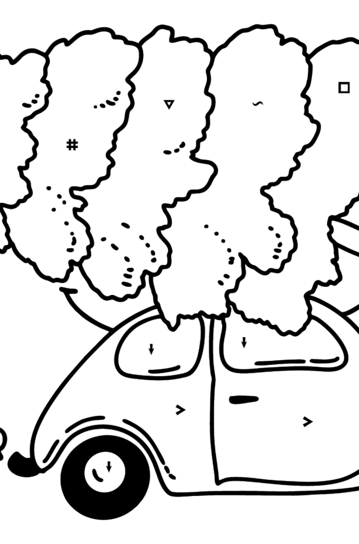 Раскраска елочка на машине - По Символам для Детей