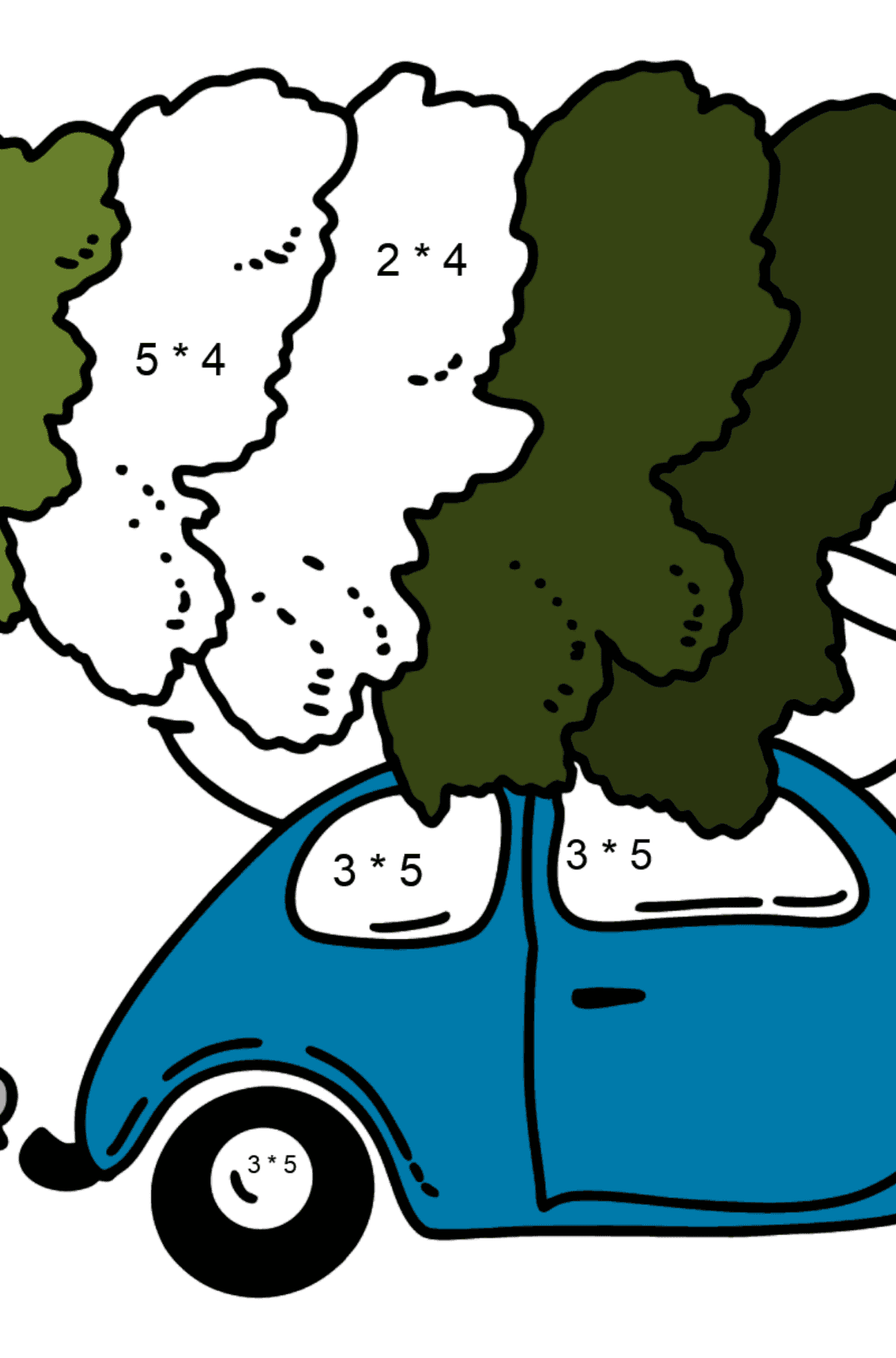 Dibujo para colorear - árbol de Navidad en el coche - Colorear con Matemáticas - Multiplicaciones para Niños