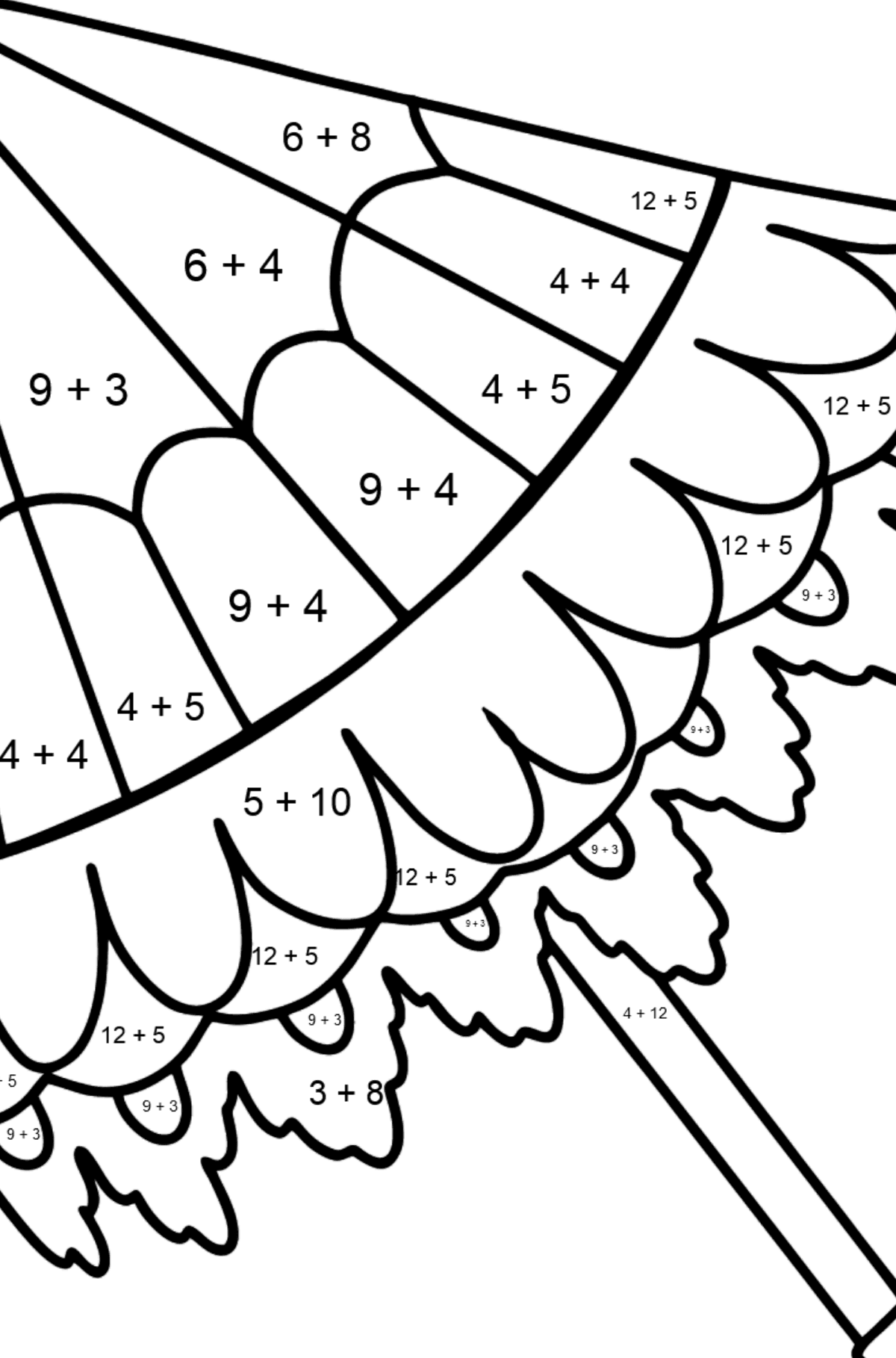 Розмальовка з парасолькою - Математична Розмальовка Додавання для дітей
