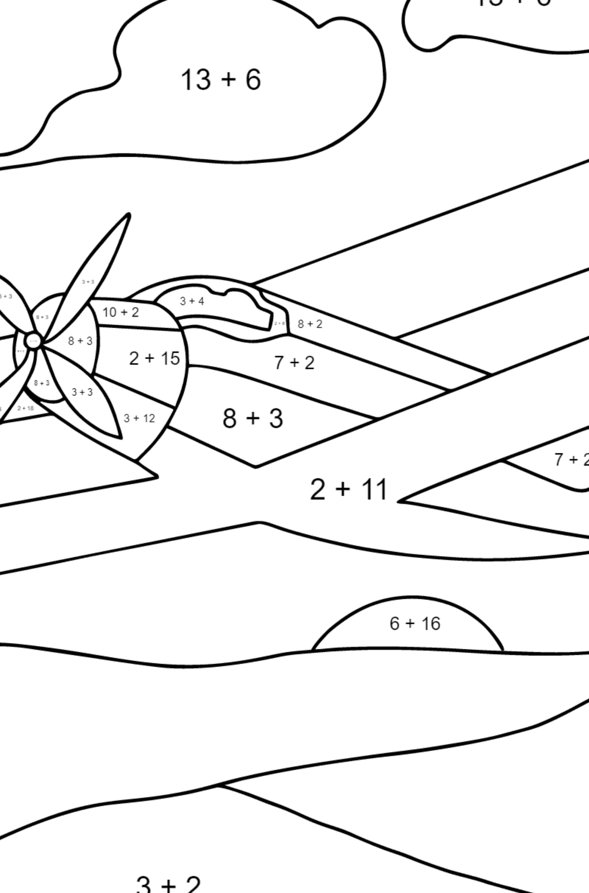 Coloring Page - A Biplane - Math Coloring - Addition for Children