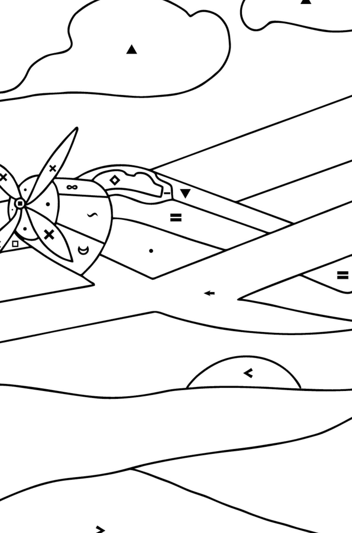 Coloring Page - A Biplane - Coloring by Symbols for Children