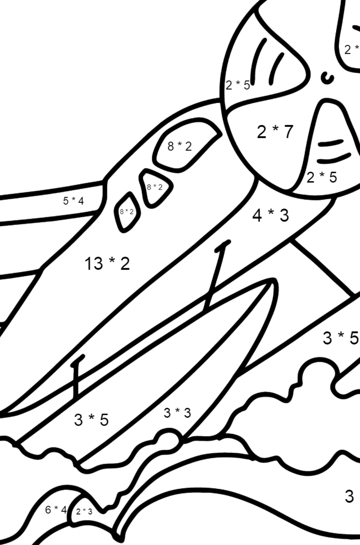 Dibujo de Avión anfibio para colorear - Colorear con Matemáticas - Multiplicaciones para Niños