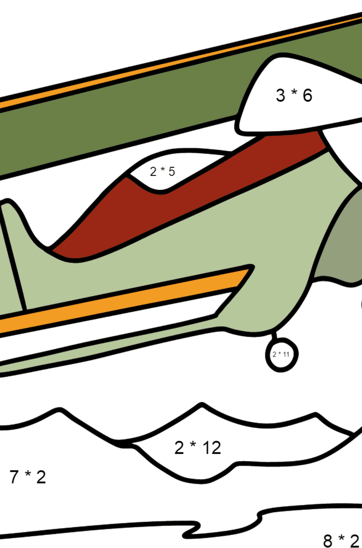 Coloring page - Light Airplane flies Over Mountains - Math Coloring - Multiplication for Kids