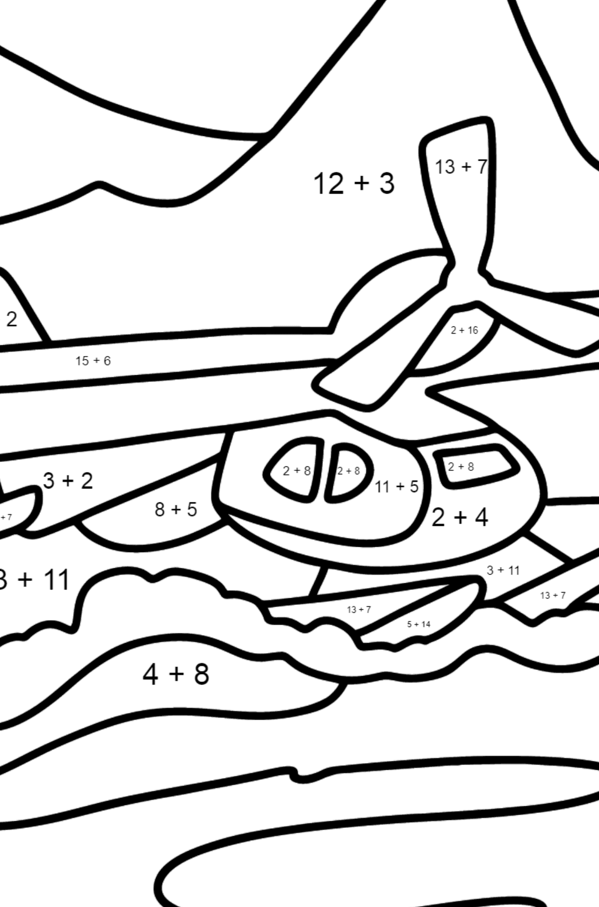 Kleines Wasserflugzeug Ausmalbild - Mathe Ausmalbilder - Addition für Kinder