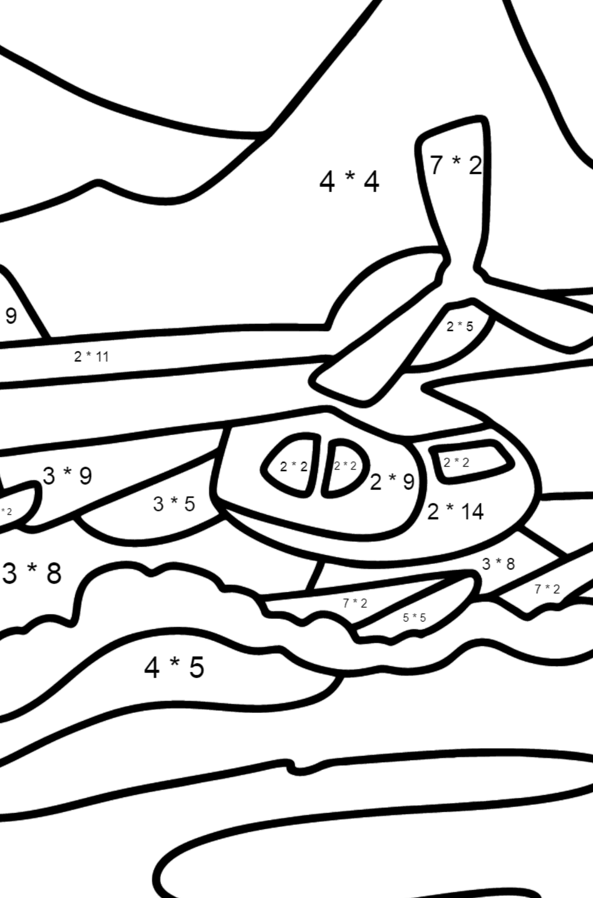 Kleines Wasserflugzeug Ausmalbild - Mathe Ausmalbilder - Multiplikation für Kinder