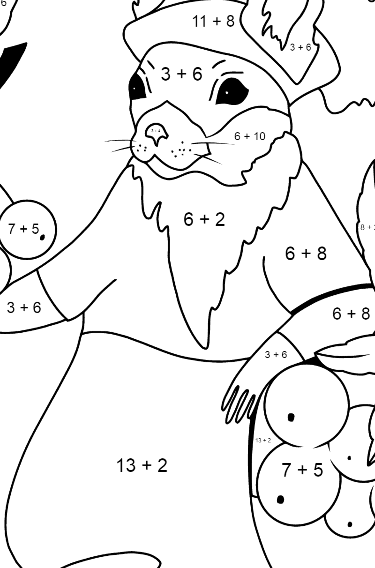Herbstliche Ausmalseite - Ein Eichhörnchen mit Vogelbeeren - Mathe Ausmalbilder - Addition für Kinder