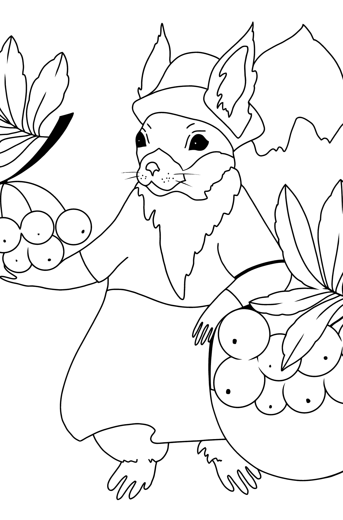 Autumn Coloring Page - A Squirrel with Red Rowanberries for Kids 