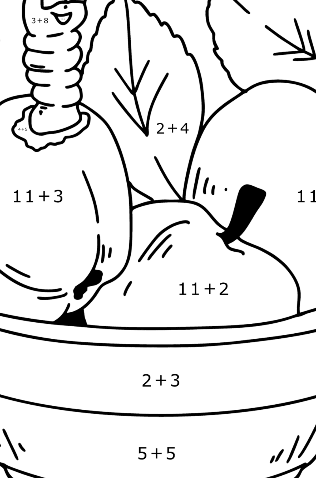 Coloring page Autumn - Apples and Сaterpillar - Math Coloring - Addition for Kids