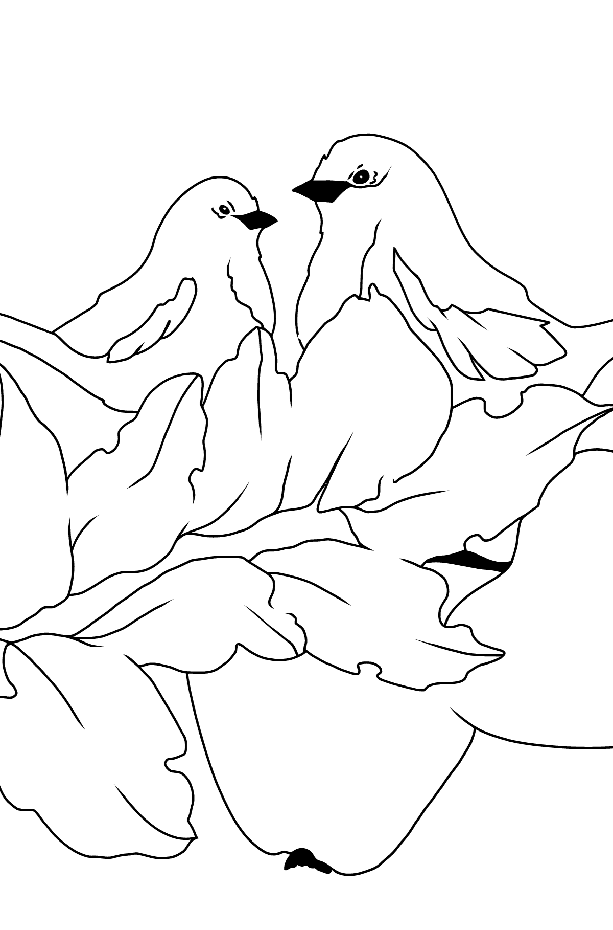 Dibujo para Colorear de Otoño - Aves en la Rama de un Manzano - Colorear para Niños