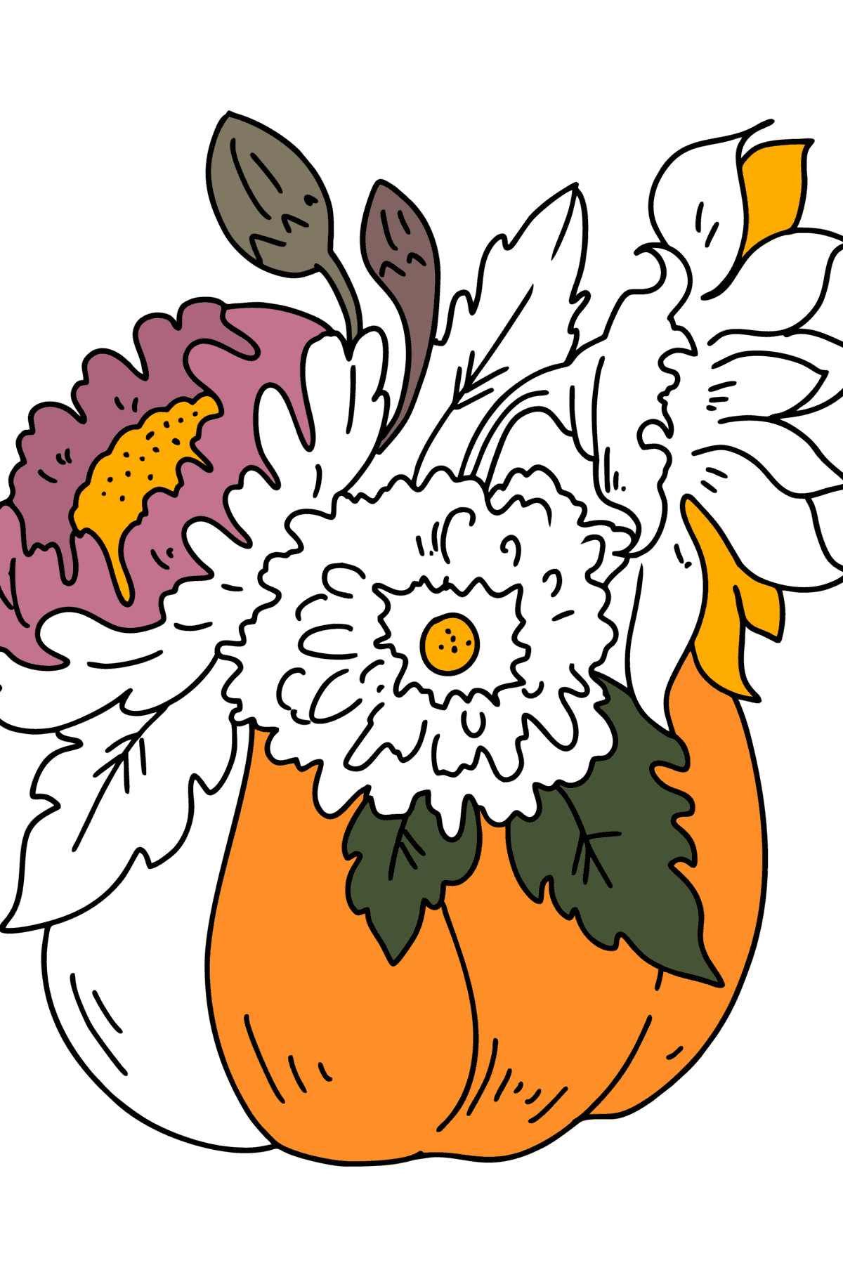 Раскраска Осенний урожай - Тыква и Астры - Картинки для Детей