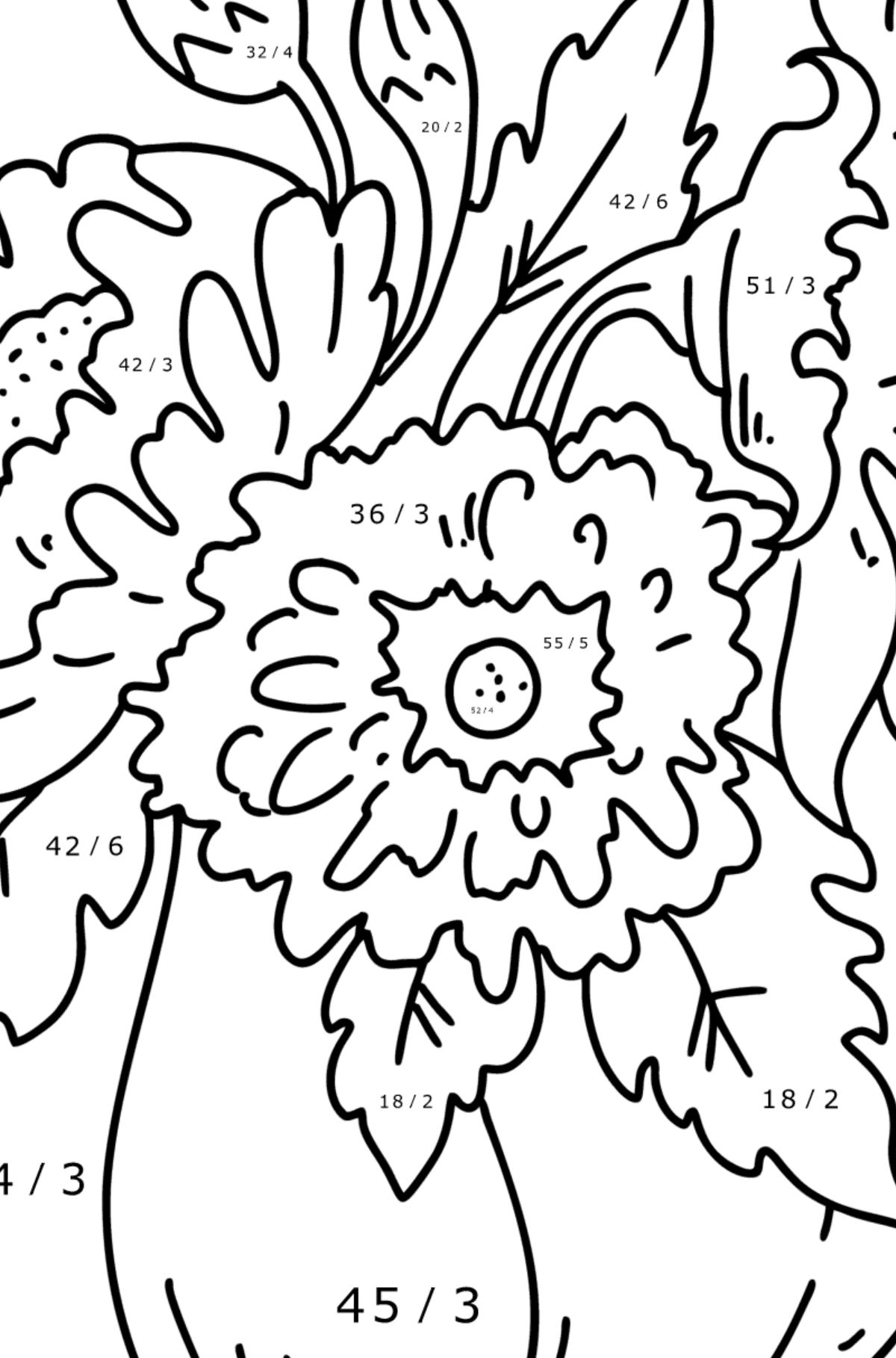 Coloring page Autumn - Pumpkin and Asters - Math Coloring - Division for Kids