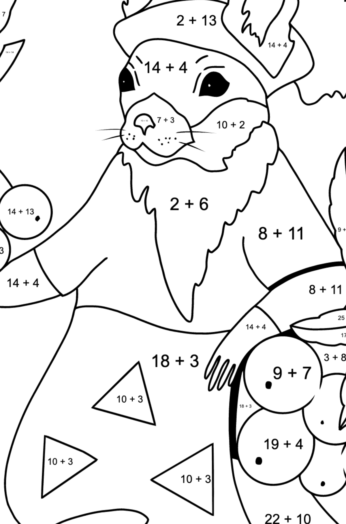 Malvorlage Herbst - Zeit der Vogelbeerenernte - Mathe Ausmalbilder - Addition für Kinder