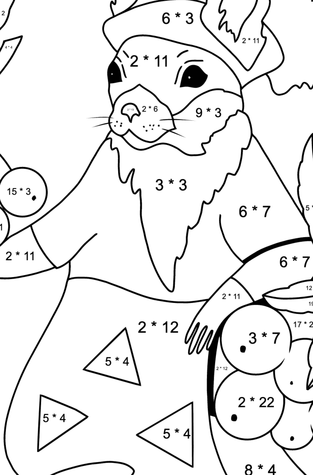 Malvorlage Herbst - Zeit der Vogelbeerenernte - Mathe Ausmalbilder - Multiplikation für Kinder