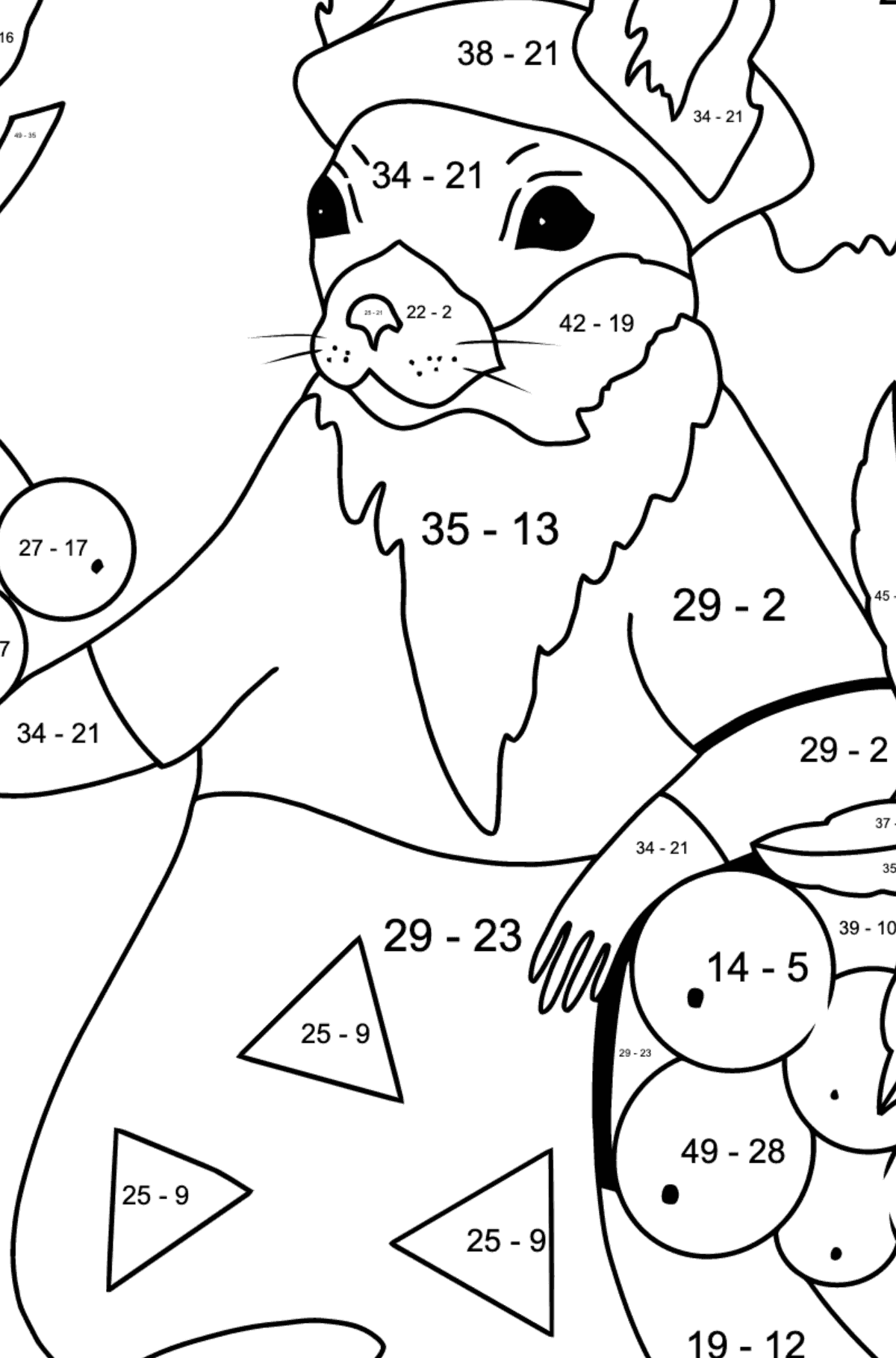 Malvorlage Herbst - Zeit der Vogelbeerenernte - Mathe Ausmalbilder - Subtraktion für Kinder
