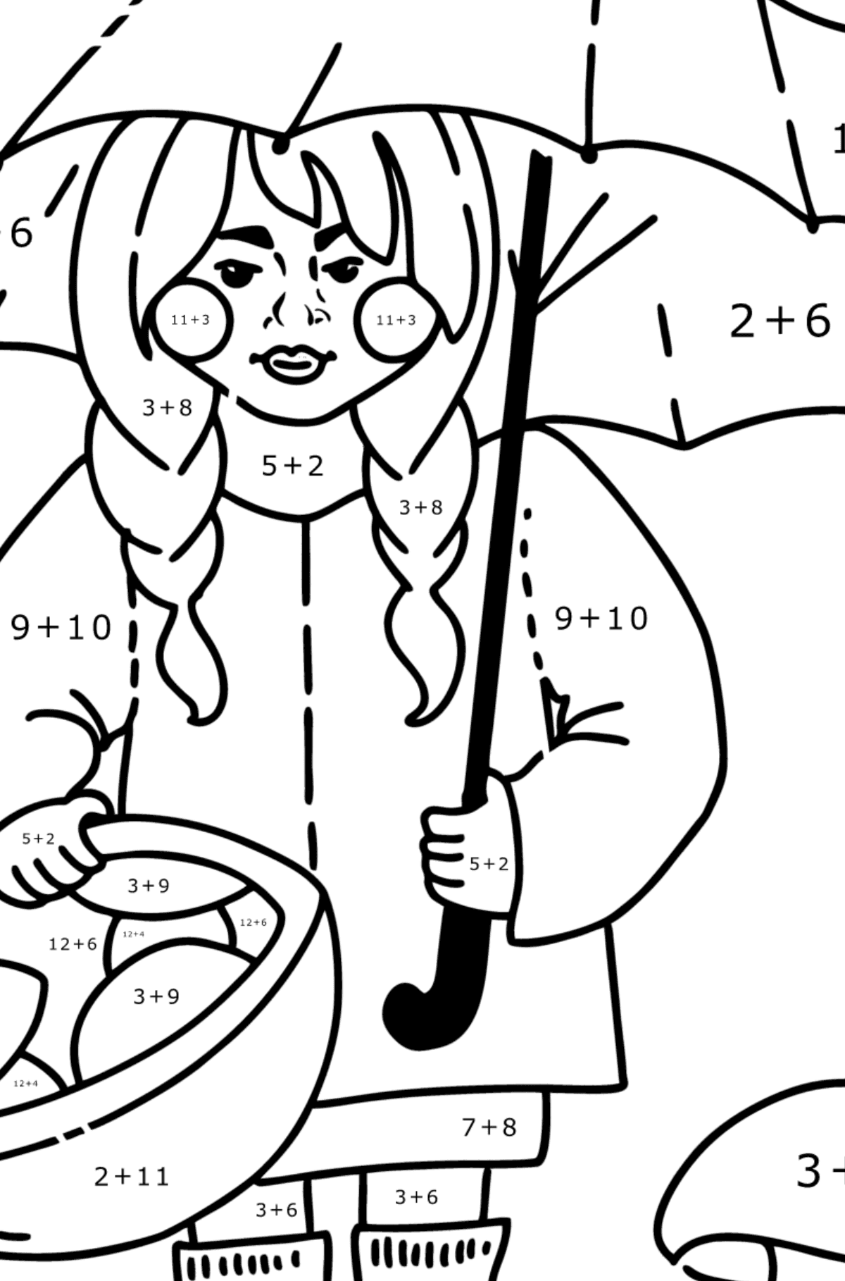Coloring page - Girl picking mushrooms - Math Coloring - Addition for Kids