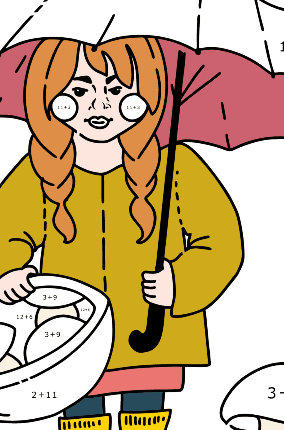 Раскраска - Девочка собирает грибы - На Сложение для Детей
